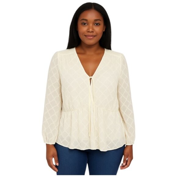 Elizabeth and James Tops - Elizabeth and James Cream V Neck Front Tie Long Sleeve Peplum Blouse